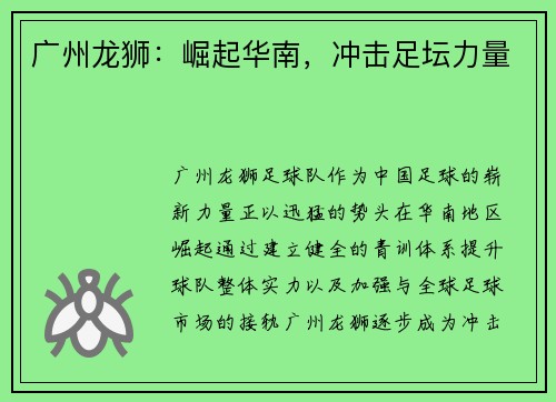 广州龙狮：崛起华南，冲击足坛力量