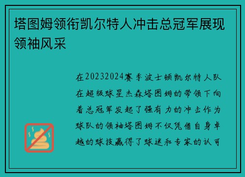塔图姆领衔凯尔特人冲击总冠军展现领袖风采