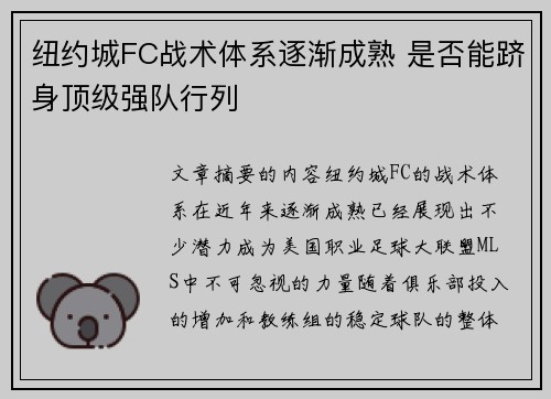 纽约城FC战术体系逐渐成熟 是否能跻身顶级强队行列